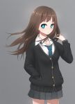  blue_eyes brown_hair cardigan earrings highres idolmaster idolmaster_cinderella_girls jewelry long_hair mugcan necklace necktie school_uniform shibuya_rin skirt solo 