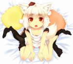  1girl :o artist_request barefoot bed down_blouse eyebrows fang feet from_above inubashiri_momiji looking_at_viewer looking_up on_bed open_mouth pillow single_sock single_thighhigh sitting sock_pull socks socks_removed solo thighhighs touhou underwear wariza 