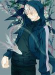  fate/zero fate_(series) fish grey_background hoodie koi male matou_kariya nishi_juuji scar solo standing white_hair 