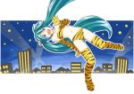  bikini blue_eyes cosplay elbow_gloves gloves hatsune_miku letterboxed long_hair looking_at_viewer lum lum_(cosplay) open_mouth outside_of_border solo swimsuit tewarusa thigh-highs thighhighs tiger_print twintails urusei_yatsura very_long_hair vocaloid 