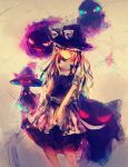  1girl blonde_hair bow crossover fangs gastly gengar ghost hair_bow hat hat_bow kirisame_marisa long_hair minetani mismagius pokemon pokemon_(creature) red_eyes rotom shuppet solo standing teeth touhou witch witch_hat 