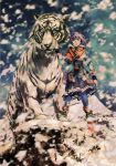  :| animal footwear hand_on_another&#039;s_face hand_on_another's_face highres original pink_eyes pink_hair skirt snow snowing socks solo standing tail tiger white_tiger wyx2 