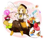  1st-mn :p biscuit blonde_hair blush boots bow candy charlotte_(madoka_magica) checkerboard_cookie cookie detached_sleeves drill_hair fingerless_gloves food fruit gloves hat lollipop long_hair magical_girl mahou_shoujo_madoka_magica pudding sitting smile strawberry sweets swirl_lollipop thigh-highs thighhighs tomoe_mami tongue twin_drills yellow_eyes 