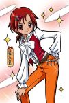 androgynous crossdressinging female flower frills hair_ornament hino_akane looking_at_viewer pants precure pretty_cure red_eyes red_hair redhead reverse_trap rose shining short_hair smile_precure! solo sparkle tomboy waistcoat 