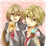  1girl :d blonde_hair couple food holding ice_cream ice_cream_cone long_hair miyaji_ryunosuke necktie open_mouth paper_cup sakura_ran school_uniform smile star starry_sky_(game) straw yahisa_tsukiko yellow_eyes 