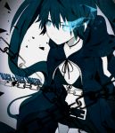  bikini_top black_hair black_rock_shooter black_rock_shooter_(character) blue_eyes chain chains coat glowing glowing_eyes komine long_hair midriff navel shorts solo twintails 