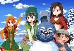  1boy 3girls arm_up black_hair breasts character_request dragon_quest hand_on_hip long_hair looking_back multiple_girls open_mouth orange_hair short_hair smile snow snowman tsurukou_(tksymkw) 