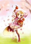  :o apple brown_eyes brown_hair caffein food fruit highres ooka_miko petals solo thigh-highs thighhighs utau 