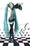  aqua_eyes aqua_hair arms_up bad_id boots checkered checkered_floor detached_sleeves hatsune_miku headset highres long_hair looking_up musical_note necktie open_mouth skirt sofy solo thigh-highs thigh_boots thighhighs twintails very_long_hair vocaloid 