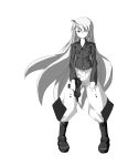  absurdres boots gun h&amp;k_mp7 heterochromia highres infinite_stratos laura_bodewig long_hair looking_at_viewer military monochrome no_eyepatch sikino simple_background solo submachine_gun very_long_hair weapon 