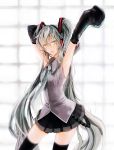  armpits arms_up detached_sleeves hatsune_miku kisuzu long_hair necktie open_mouth skirt sleeves_past_wrists solo thigh-highs thighhighs twintails very_long_hair vocaloid 