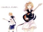  1girl bad_id blonde_hair blue_eyes dress electric_guitar guitar hair_ornament hair_ribbon hairclip instrument kagamine_len kagamine_rin looking_at_viewer mg_(3458) ribbon sailor_collar short_hair siblings twins vocaloid white_background 