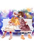  2girls bench brown_hair multiple_girls natsumememe nezumi_(no.6) no.6 safu short_hair smile snowing 