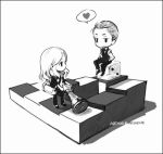  arthur_(inception) character_name chess chess_piece chibi couple dice heart inception lowres male milktea monochrome optical_illusion spoken_heart stairs 