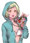  absurdres bikini blonde_hair breasts candy choker cleavage earphones face hair_ornament hairclip highres hoodie jewelry lips lollipop nail_polish necklace original simple_background solo swimsuit tattoo white_background wyx2 yellow_eyes 