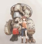  asymmetrical_clothes asymmetrical_clothing backpack bag belt boots brown_eyes brown_hair bucket bucket_on_head hair_ornament holding instrument jeans looking_at_viewer nabana navel object_on_head original randoseru recorder robot simple_background solo strap_slip wrench 