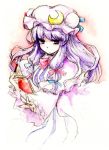  :&lt; book crescent h_sakray hair_ribbon hat holding holding_book long_hair open_book outstretched_hand patchouli_knowledge purple_eyes purple_hair ribbon sakurai_haruto solo touhou violet_eyes 