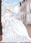  alternate_costume big_hat blonde_hair blue_eyes chize dress fate/stay_night fate_(series) gown hat lace puffy_sleeves saber solo umbrella white_dress 