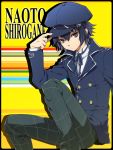  androgynous artist_request blue_hair cabbie_hat collar crossdressinging female hand_on_hat hat jacket looking_at_viewer pants persona persona_4 reverse_trap shirogane_naoto short_hair sitting solo tomboy 