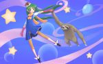  animal blush_stickers brown_eyes claws commentary floating gloves green_hair hand_holding hat holding_hands john_su long_hair original planet scarf shoes sloth_(animal) smile star twintails what 