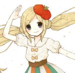  1st-mn beret blonde_hair blue_eyes hat heart heart-shaped_pupils heart_eyes long_hair lowres original simple_background smile solo symbol-shaped_pupils tomato twintails waving white_background 