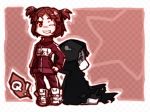  black_eyes black_rock_shooter brown_eyes brown_hair cape chibi dual_persona grin hood kohata_arata lain looking_at_viewer multiple_girls shoes short_hair short_twintails sitting smile spoilers track_jacket twintails 