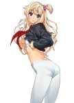  ass blonde_hair blue_eyes copyright_request cozy dressing flat_ass flat_chest hair_bobbles hair_ornament looking_back panties panties_under_pantyhose pantyhose pantylines solo underwear white_legwear 