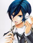 absurdres arisato_minato bad_id blue_eyes blue_hair bow headphones highres male open_mouth persona persona_3 ribbon school_uniform solo 