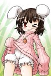  :q ;q akou_roushi animal_ears bloomers blush brown_hair bunny_ears carrot inaba_tewi jewelry necklace red_eyes ribbed_sweater short_hair sleeves_past_wrists solo sweater tongue touhou wink 