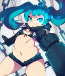  bad_id bikini_top black_rock_shooter black_rock_shooter_(character) blue_eyes blue_hair chain chains flat_chest glowing glowing_eyes long_hair midriff navel plump scar short_shorts shorts solo twintails unzipped weapon zako_(arvinry) 