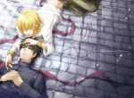  1boy 1girl blonde_hair bracelet brown_eyes brown_hair casual cross cross_necklace fate/zero fate_(series) gilgamesh hand_on_head jewelry kotomine_kirei male multiple_boys necklace partially_submerged ribbon snakeskin_print sumesora water 