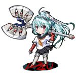  android aqua_hair axe battle_axe blue_hair blush huge_weapon knee_pads labrys long_hair mainekoruru miniskirt persona persona_4:_the_ultimate_in_mayonaka_arena pleated_skirt ponytail red_eyes robot_joints school_uniform skirt solo very_long_hair weapon 