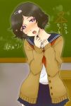  ai_ai_gasa black_hair blush cardigan chalkboard hair_ornament hairclip male open_mouth school_uniform serafuku short_hair skirt skull skull_hair_ornament solo steins;gate stmp trap urushibara_ruka 