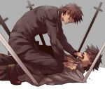  black_eyes black_hair black_keys blood blood_on_face brown_eyes brown_hair cross cross_necklace emiya_kiritsugu fate/zero fate_(series) grey_background hand_on_another&#039;s_face hand_on_another's_face jewelry kiritsugu_emiya kotomine_kirei long_coat male multiple_boys necklace planted_weapon straddle straddling weapon zihad 