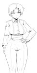  bowtie breasts curvy dress_shirt fatal_fury formal gloves hand_on_hip hips king_(snk) king_of_fighters large_breasts lineart monochrome okyou pant_suit ryuuko_no_ken sash shirt short_hair snk solo suit thigh_gap thighs wide_hips 