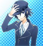  androgynous blue blue_eyes blue_hair bust cabbie_hat crossdressinging female hand_on_hat hat looking_at_viewer persona persona_4 reverse_trap shadowaris shirogane_naoto short_hair solo tomboy 
