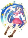  :3 ahoge bad_id blue_hair fuyu_mochi green_eyes izumi_konata long_hair lucky_star midriff school_uniform serafuku solo 