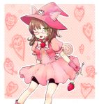  1st-mn animal_ears bowtie brown_hair cat_ears character_request copyright_request dress food fruit glasses green_eyes hat magical_girl sakuma_rinko skirt solo strawberry tail tongue wand wink witch_hat yondemasuyo_azazel-san 