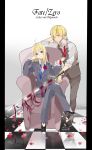  1girl ahoge bad_id blonde_hair blue_eyes checkered checkered_floor corsage couch fate/zero fate_(series) formal gilgamesh highres kurohal long_hair necktie necktie_pull pant_suit petals pillarboxed ponytail red_eyes ribbon saber suit sword weapon 