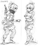  adapted_costume alternate_costume boots bow contemporary crossed_arms finger_on_trigger gloves gun hair_bow handgun kurodani_yamame lleu military monochrome pants pistol ponytail pouch revolver short_hair sketch solo touhou weapon 