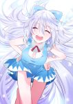  adult alternate_hair_length alternate_hairstyle barefoot blue_dress blue_hair bow breasts cirno cleavage cleavage_cutout closed_eyes dress eyes_closed hair_bow hands_on_hips happy large_breasts leaning_forward long_hair open_mouth sleeves_rolled_up snowflakes solo teenage touhou very_long_hair yamada_ranga 