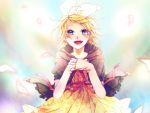  blonde_hair blue_eyes blush kagamine_rin looking_at_viewer open_mouth ribbon semaru smile solo tears vocaloid 