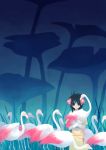  bare_shoulders bird black_eyes black_hair character_request empty_eyes falcom flamingo flower gradient gradient_background grass hair_flower hair_ornament holding midriff navel original park_soyoung payot scenery ys 