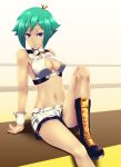  aquarion_(series) aquarion_evol boots breasts cleavage cleavage_cutout green_hair highres infinote legs looking_at_viewer midriff navel no_panties purple_eyes short_hair shorts sitting solo violet_eyes wrist_cuffs zessica_wong 