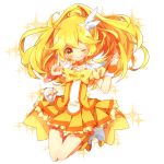  arms_up blonde_hair blush boots bow brooch cure_peace dress hair_ornament jewelry jumping kise_yayoi long_hair magical_girl ponytail precure shimogu shorts_under_skirt smile smile_precure! solo v wink wrist_cuffs yellow_dress yellow_eyes 