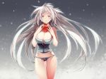  apple bad_id bare_shoulders black_eyes bow bow_panties breasts cleavage dated food fruit holding holding_fruit large_breasts long_hair looking_at_viewer lowleg lowleg_panties midriff mirunai original panties parted_lips signature silver_hair sleeveless solo thighs underwear 