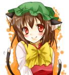  animal_ears blush bow brown_hair bust cat_ears cat_tail chen hat jewelry multiple_tails physali red_eyes short_hair single_earring smile solo tail touhou 