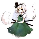  1st-mn :3 bow dress flower hair_bow hairband hitodama konpaku_youmu konpaku_youmu_(ghost) petals red_eyes scabbard sheath sheathed simple_background solo sword touhou weapon white_background white_hair 