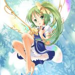  ascot barefoot belt bloomers bow daiyousei fairy fairy_wings feet green_eyes green_hair hair_bow open_mouth puffy_sleeves seminoyu side_ponytail skirt smile solo sunlight touhou wings 