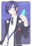  arisato_minato blue_eyes blue_hair bow butterfly digital_media_player headphones highres male persona persona_3 ribbon school_uniform short_hair simple_background smile solo 